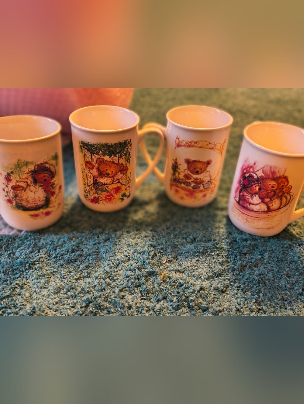 Cute Teddy Bear Floral Ceramic Mug Set - White with Pink & Green Accents